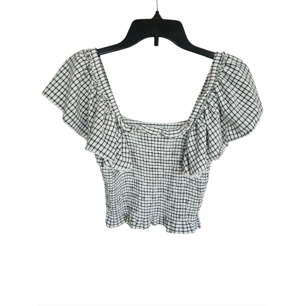 Anthropologie Maeve Crinkle Gingham Smocked Top Ruffle Flutter Sleeve Medium EUC - Picture 3 of 8
